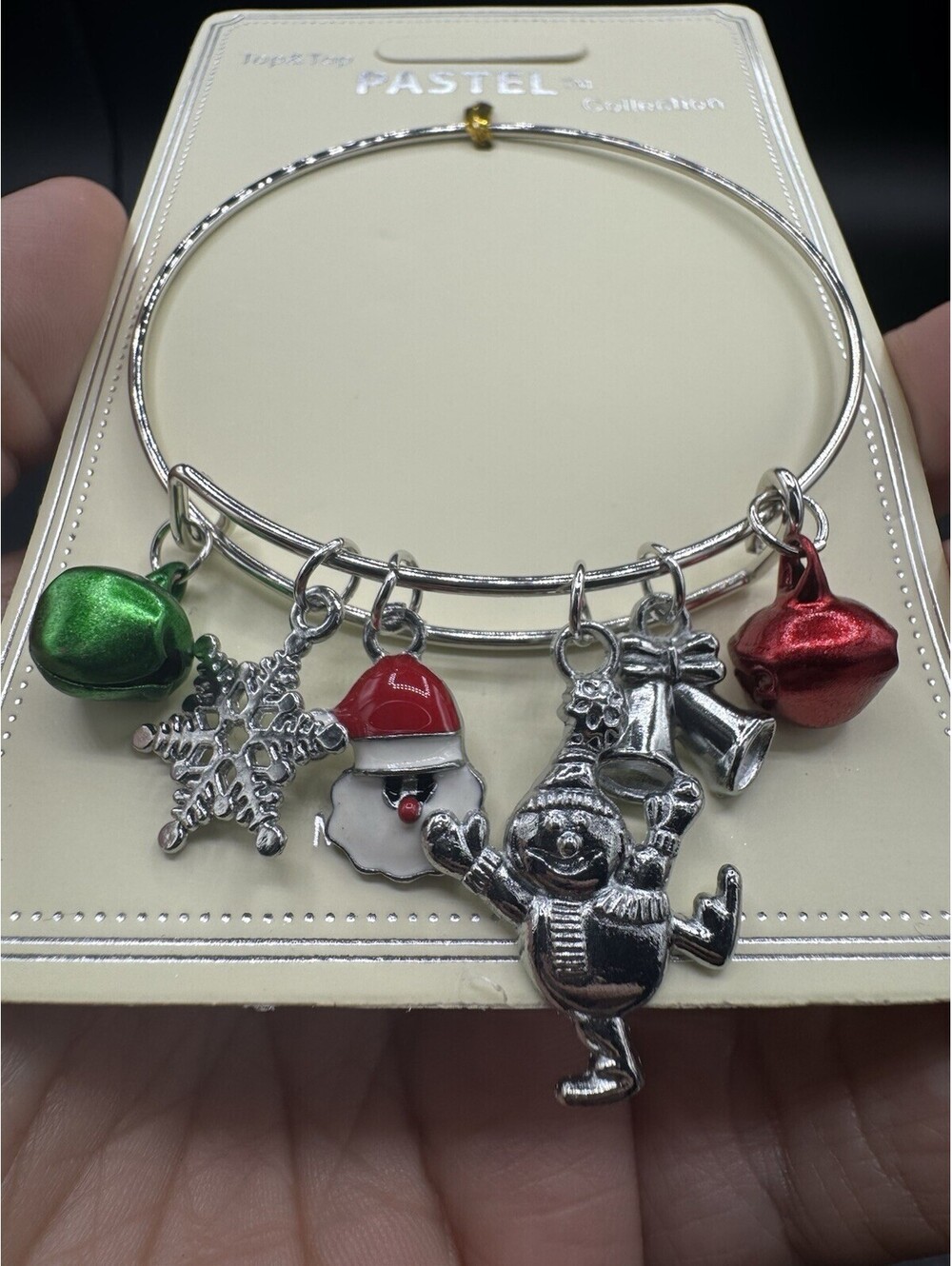 Christmas Charm Bangle Bracelet Silver Tone Snowman Santa Bells NWT